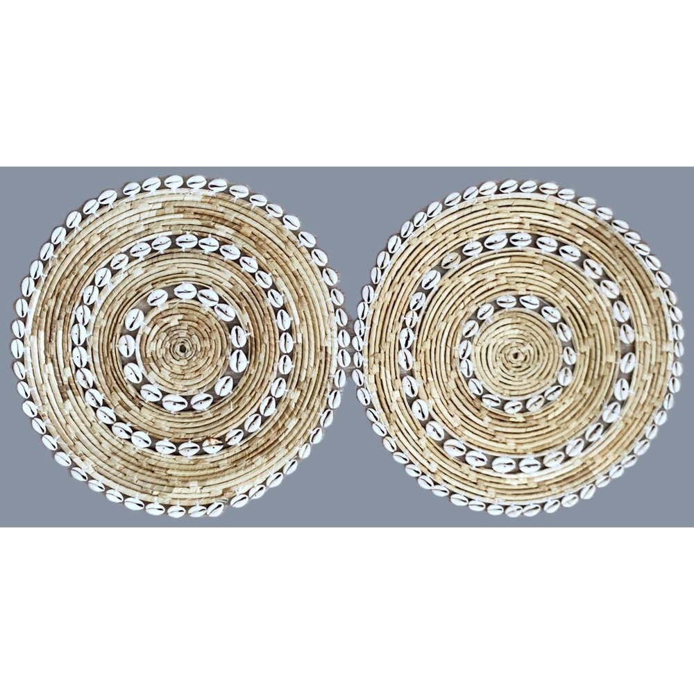 2 Placemats w 3 Rows Cowie Seashells Woven in Rattan Seagrass 14" Coastal Beachy